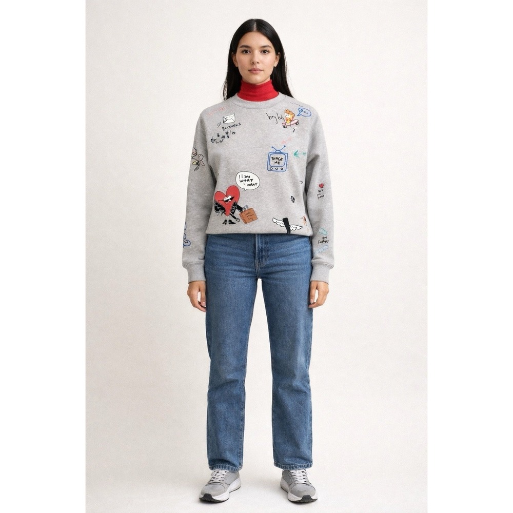 Bloomingdale's Bloomie's XS‎ Novelty Gray Embroidered Graphics Sweatshirt Y2K